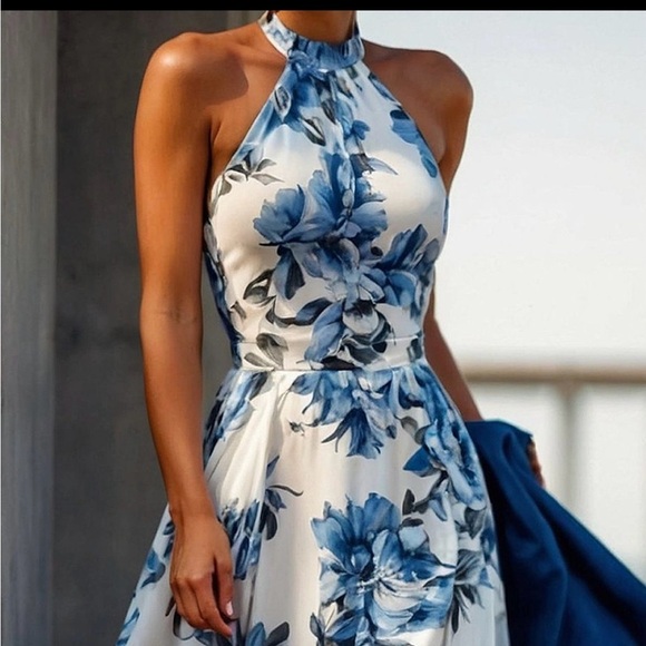 - STYLEWE Blue and White Halter Maxi Sundress - Picture 1 of 4